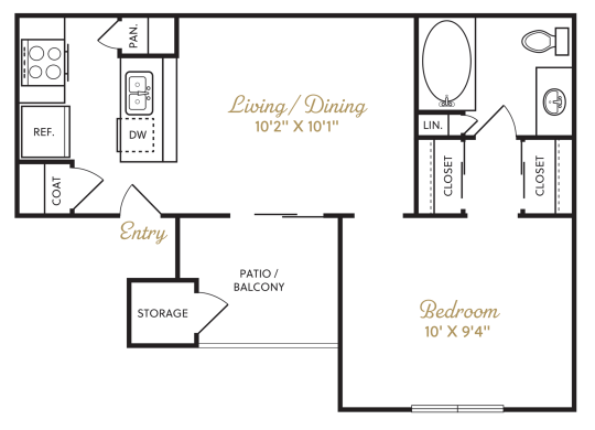 The Durham A1 floorplan featuring 1 bedroom, 1 bathroom, and 540 square feet, with a cozy living/dining area and private patio/balcony.