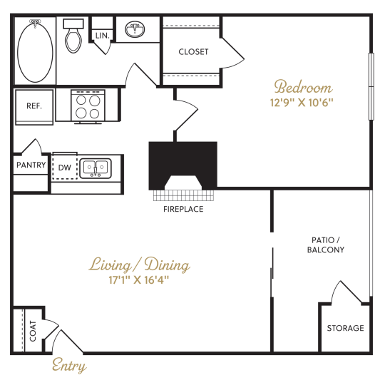 he Durham A2 floorplan featuring 1 bedroom, 1 bathroom, and 640 square feet, with a spacious living/dining area and a fireplace.