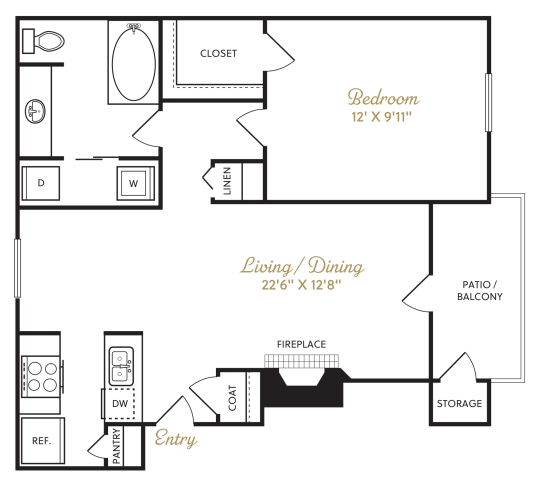 The Durham A3 floorplan featuring 1 bedroom, 1 bathroom, and 700 square feet, with a large living/dining area and a fireplace.