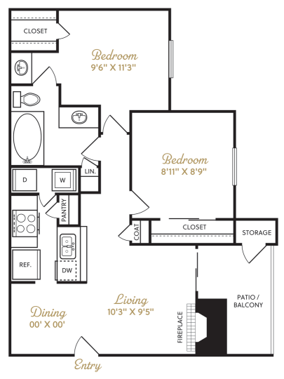 The Durham B1 floorplan featuring 2 bedrooms, 1 bathroom, and 880 square feet, with a spacious living area and a private patio/balcony.