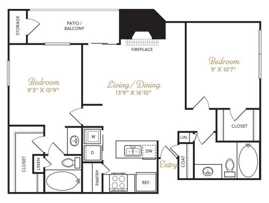 The Durham B2 floorplan featuring 2 bedrooms, 2 bathrooms, and 965 square feet, with a large living/dining area and a fireplace.